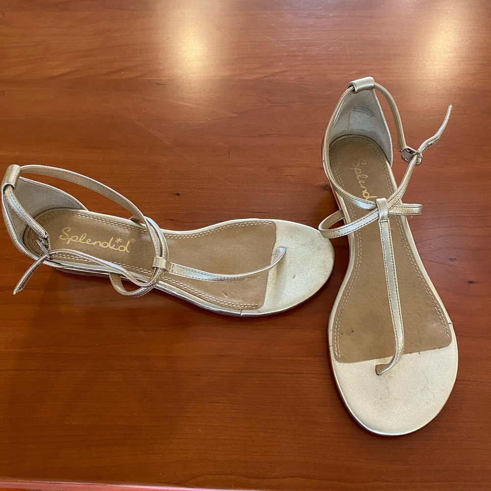 8.5 Splendid brand mini wedge gold sandals, worn once for a wedding.
